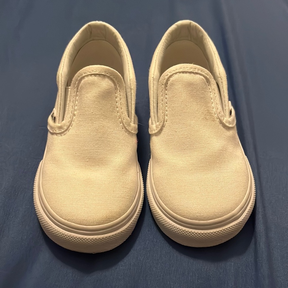 White toddler vans, size 7. Worn once, a few scuffs as shown in pictures.